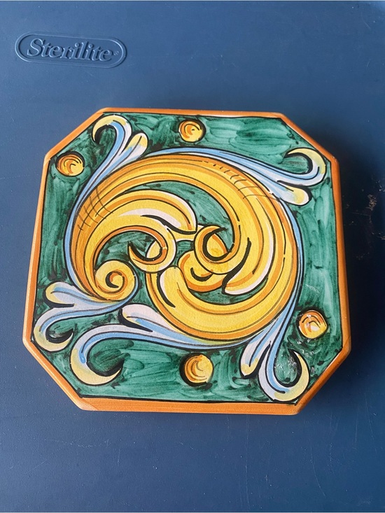 Romano Caltagirione Other - Hand-Painted Ceramic Wall Tile in Green and Yellow 6x6